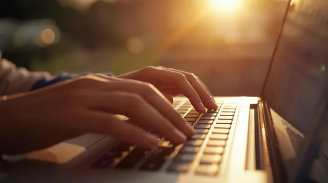 Mains tapant sur un clavier d'ordinateur portable en fin de journée